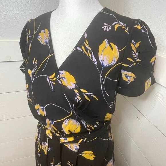 Modcloth Yellow Purple Black Floral Faux Wrap A Line Midi Dress Women's Size XXS - Picture 2 of 11